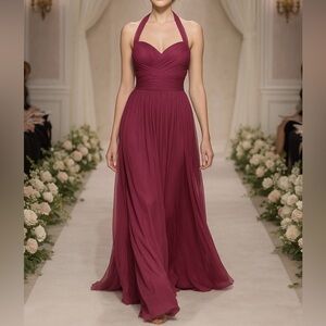 Monique Lhuillier Silk Maxi Dress Womens Size 12 Halter Burgundy Wedding Prom